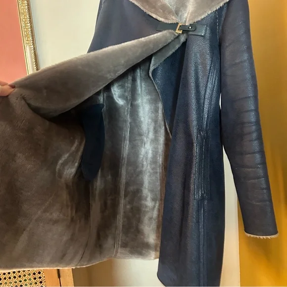 Adolfo Dominguez Faux Suede Fur Coat Off Center Fastening Buckle Hood 36 Size S - Picture 4 of 9